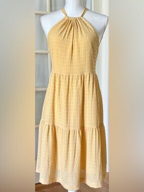a new day Yellow Halter Sundress Tiered Gauze Cottagecore Summer Dress Medium
